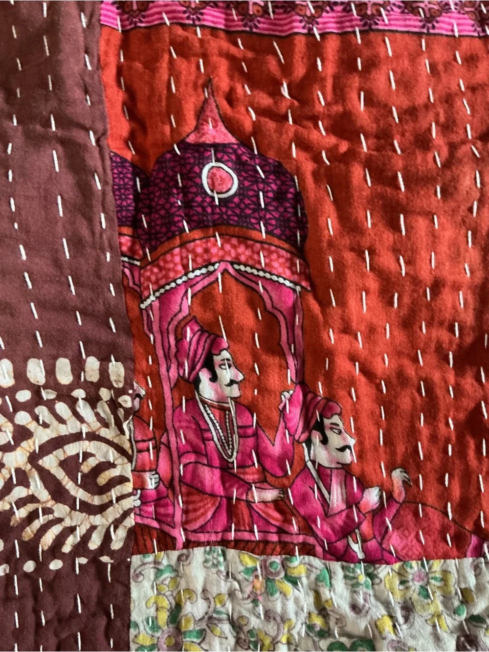 Tantha Handcrafted Patchwork Quilt Throw in Teal, Red, Brown and Cream